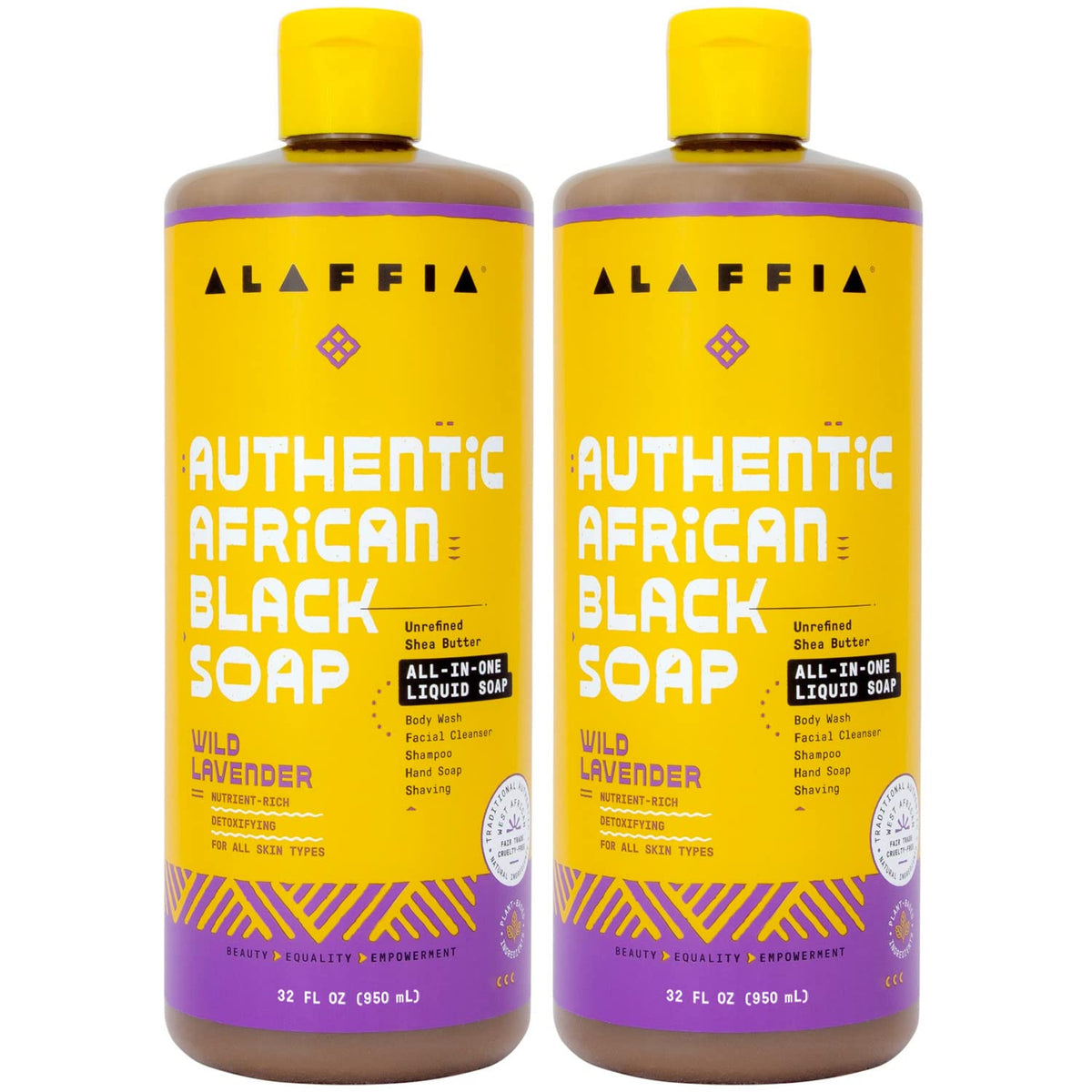 Alaffia front packaging showing wild lavender scent and 32 oz two-pack benefit