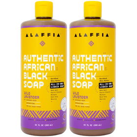 Alaffia front packaging showing wild lavender scent and 32 oz two-pack benefit