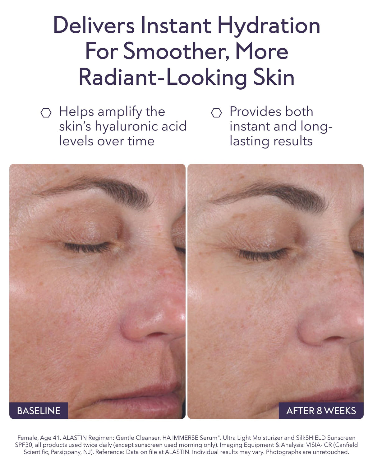 ALASTIN serum texture close-up showing lightweight absorbent drops benefit