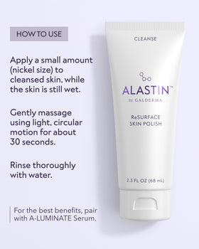 ALASTIN ReSURFACE flatlay with tube and towels conveying clean skincare routine benefit