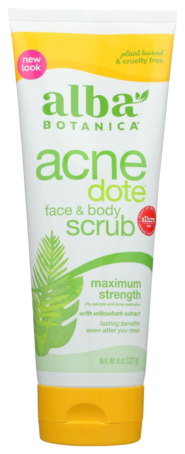 Alba Botanica front packaging showing acne scrub benefits and size