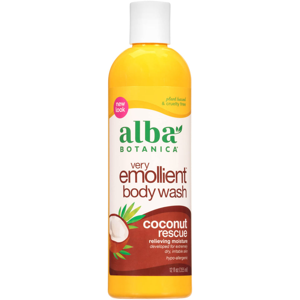 Alba Botanica bottle front view showing coconut rescue label and moisturizing benefit
