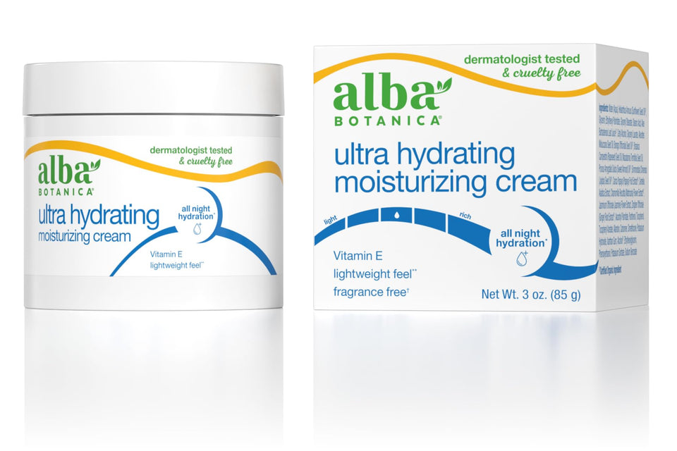 Alba Botanica front jar view showing clean packaging and benefit of hydration