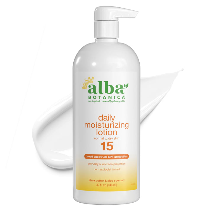Alba Botanica front packaging showing 32 oz bottle and SPF benefit