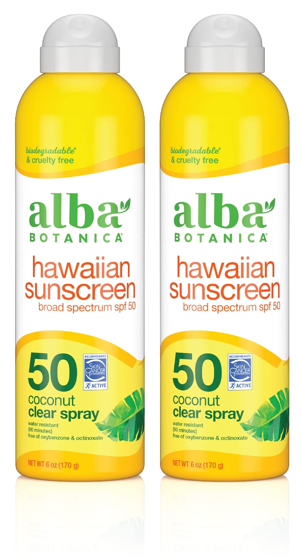 Alba Botanica front packaging showing Hawaiian Coconut SPF 50 spray and benefits