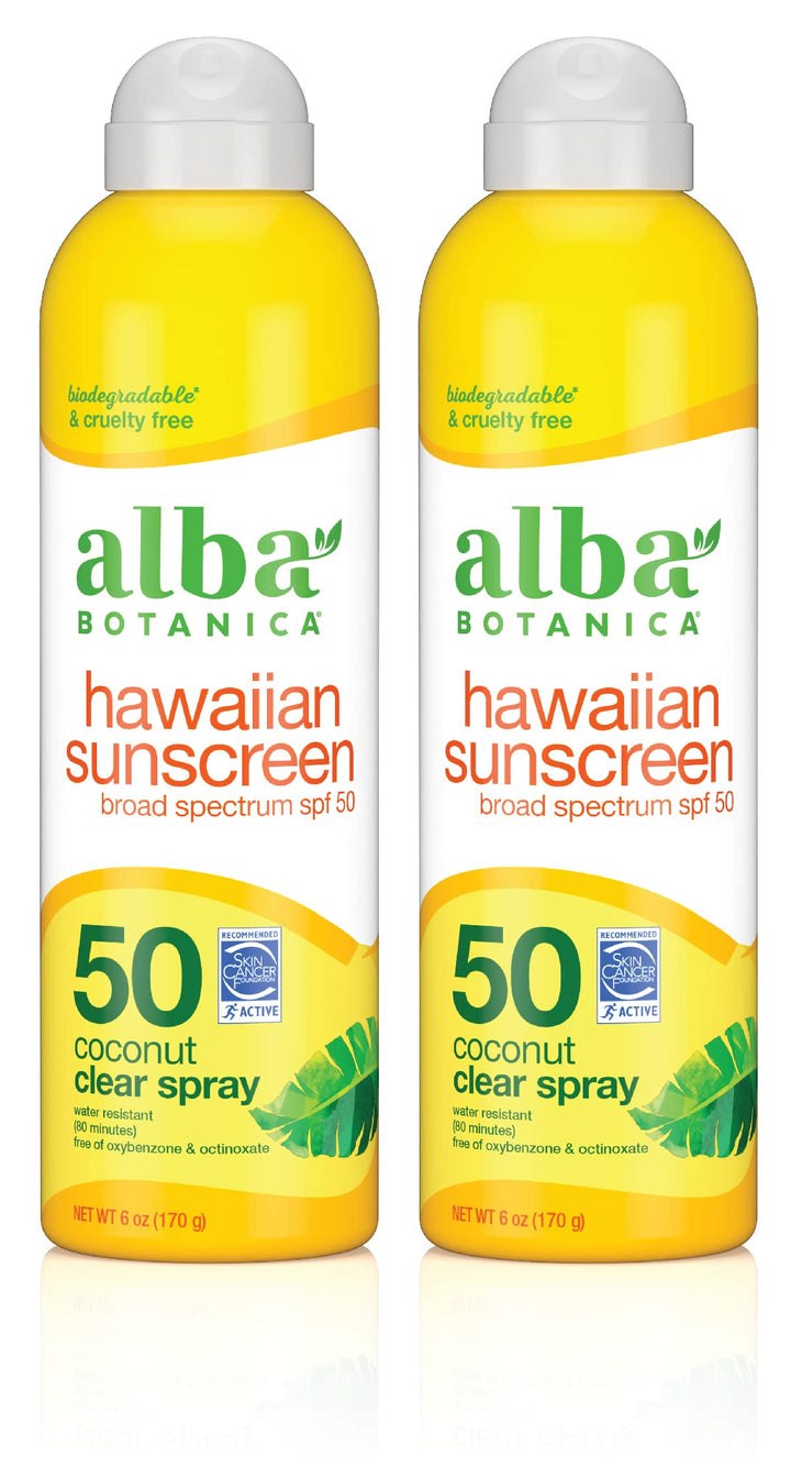 Alba Botanica front packaging showing Hawaiian Coconut SPF 50 spray and benefits