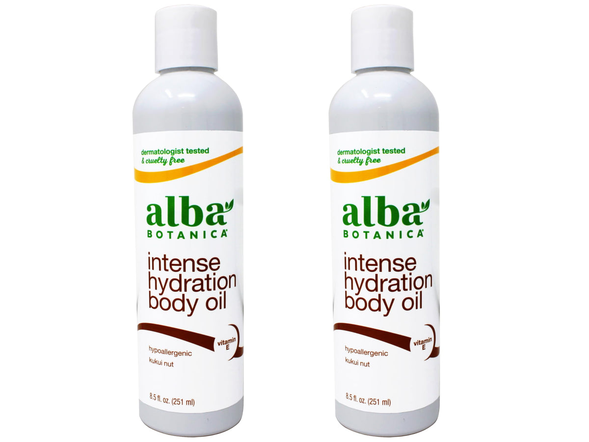 Alba Botanica front packaging showing kukui body oil and natural benefit