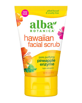 Alba Botanica front tube showing pineapple scrub label and clean packaging benefits
