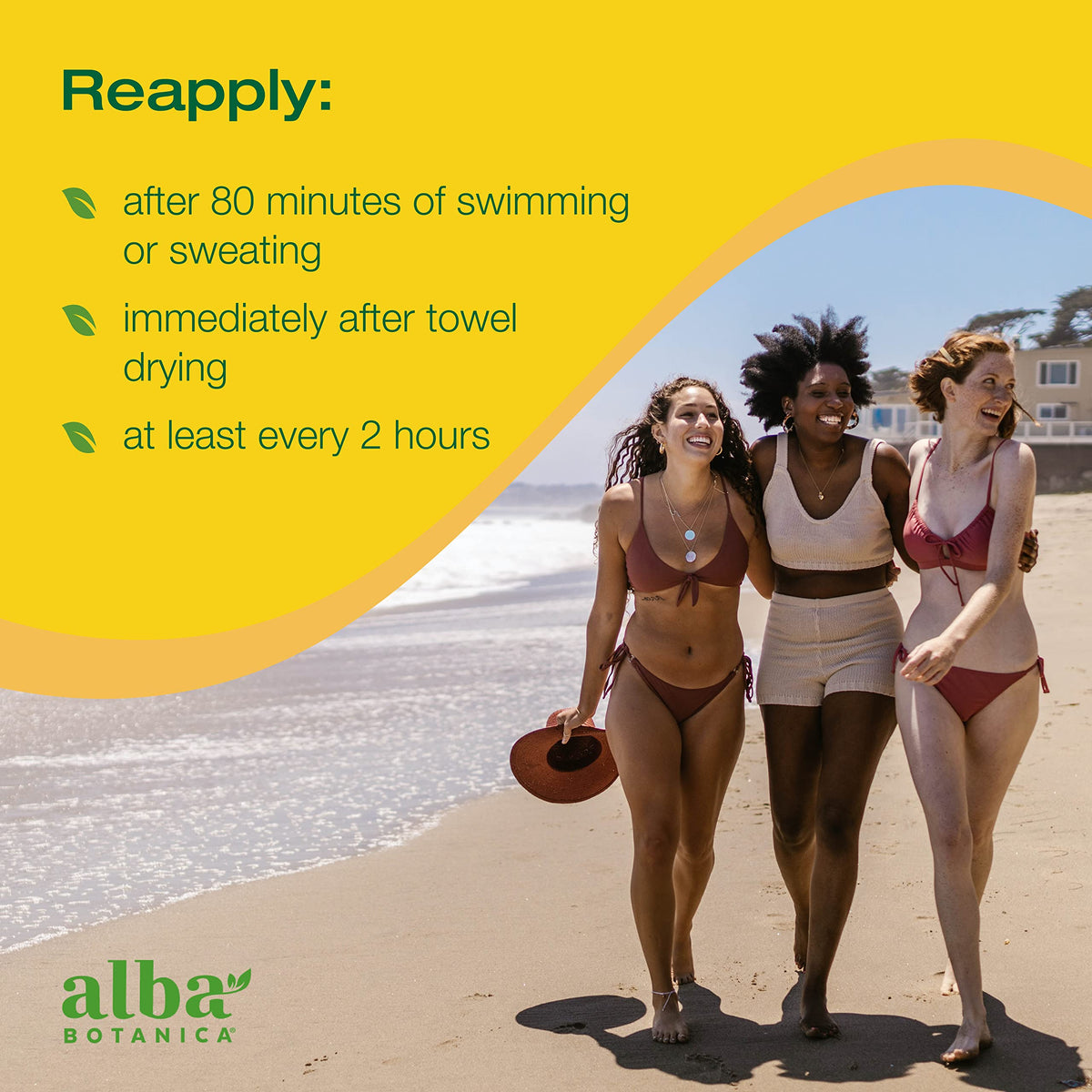 Alba Botanica spray in use at beach showing water‑resistant protection benefit