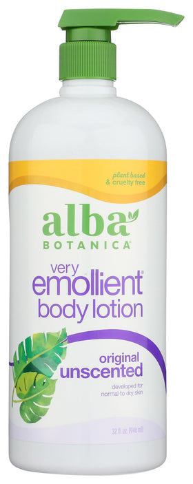 Alba Botanica unscented emollient lotion front packaging showing pump and label benefits