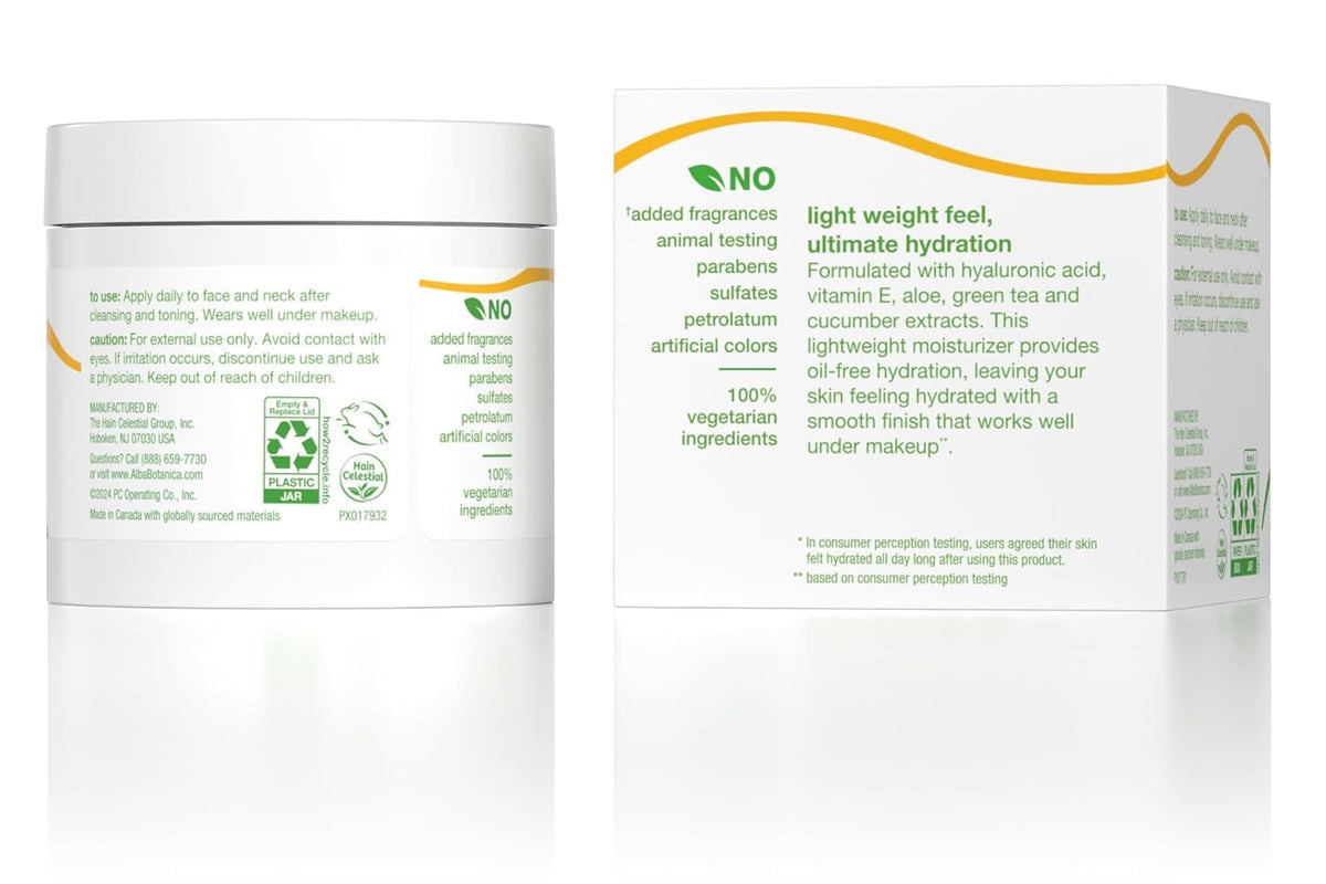 Alba Botanica moisturizer texture close-up demonstrating lightweight, fast-absorbing hydration benefits