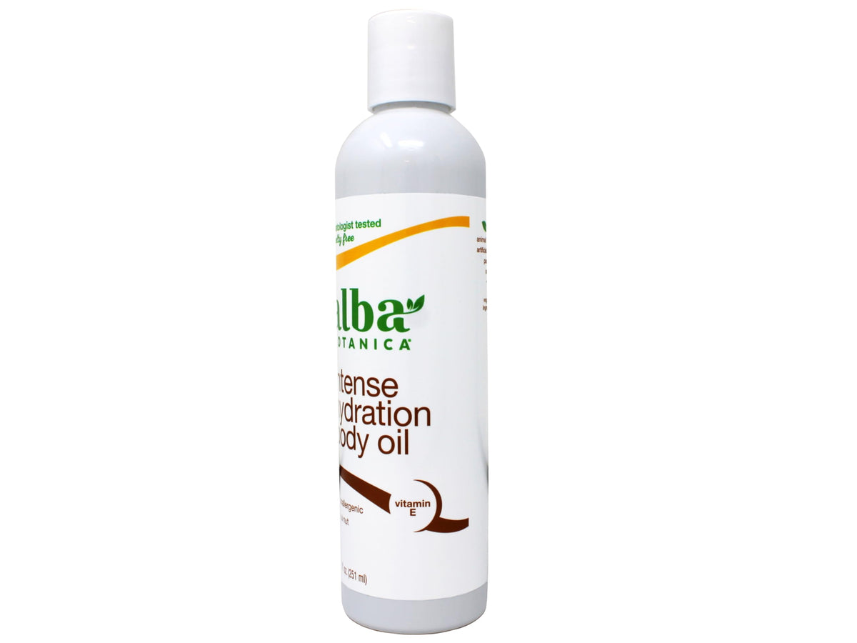 Alba Botanica oil texture close-up highlighting silky, fast-absorbing finish