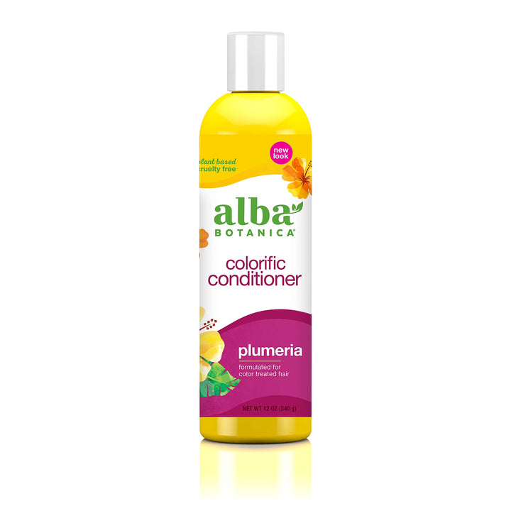 Alba Botanica front packaging showing bottle and plumeria scent, vibrant color protection