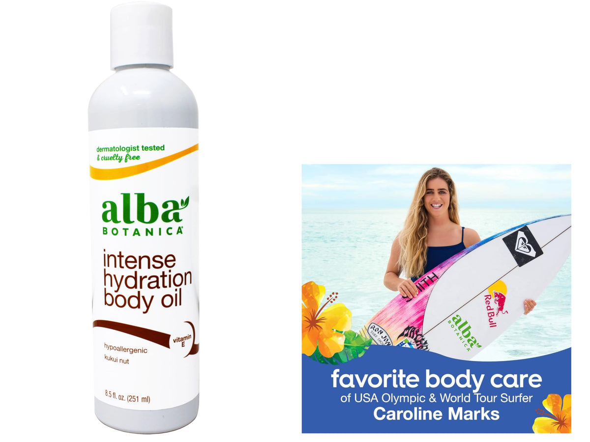 Alba Botanica next to a hand for scale showing 8.5 ounce, travel-friendly size