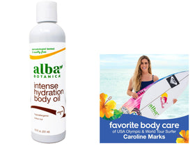 Alba Botanica next to a hand for scale showing 8.5 ounce, travel-friendly size