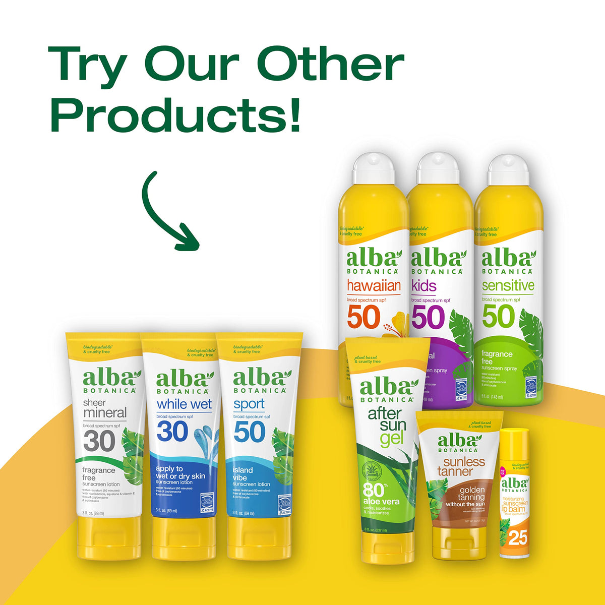 Alba Botanica bottle next to travel items illustrating compact, travel-friendly benefit