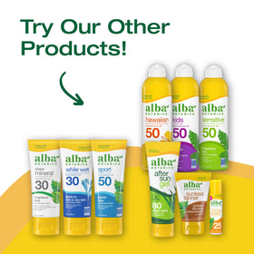 Alba Botanica bottle next to travel items illustrating compact, travel-friendly benefit