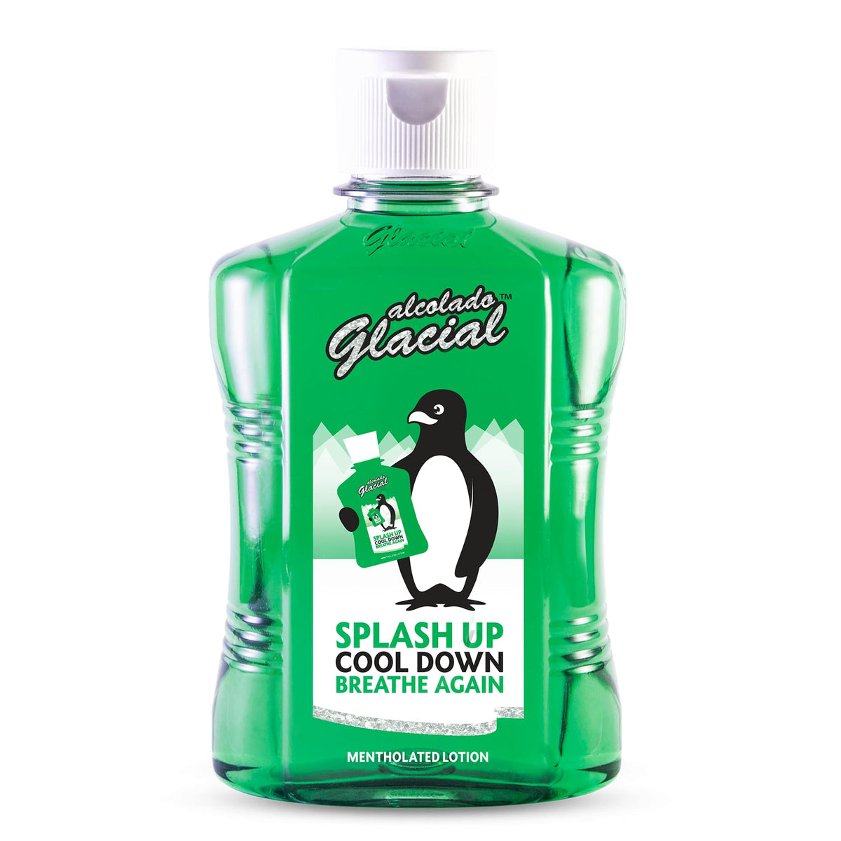 Alcolado Glacial front packaging showing 16oz bottle and cooling mint benefit