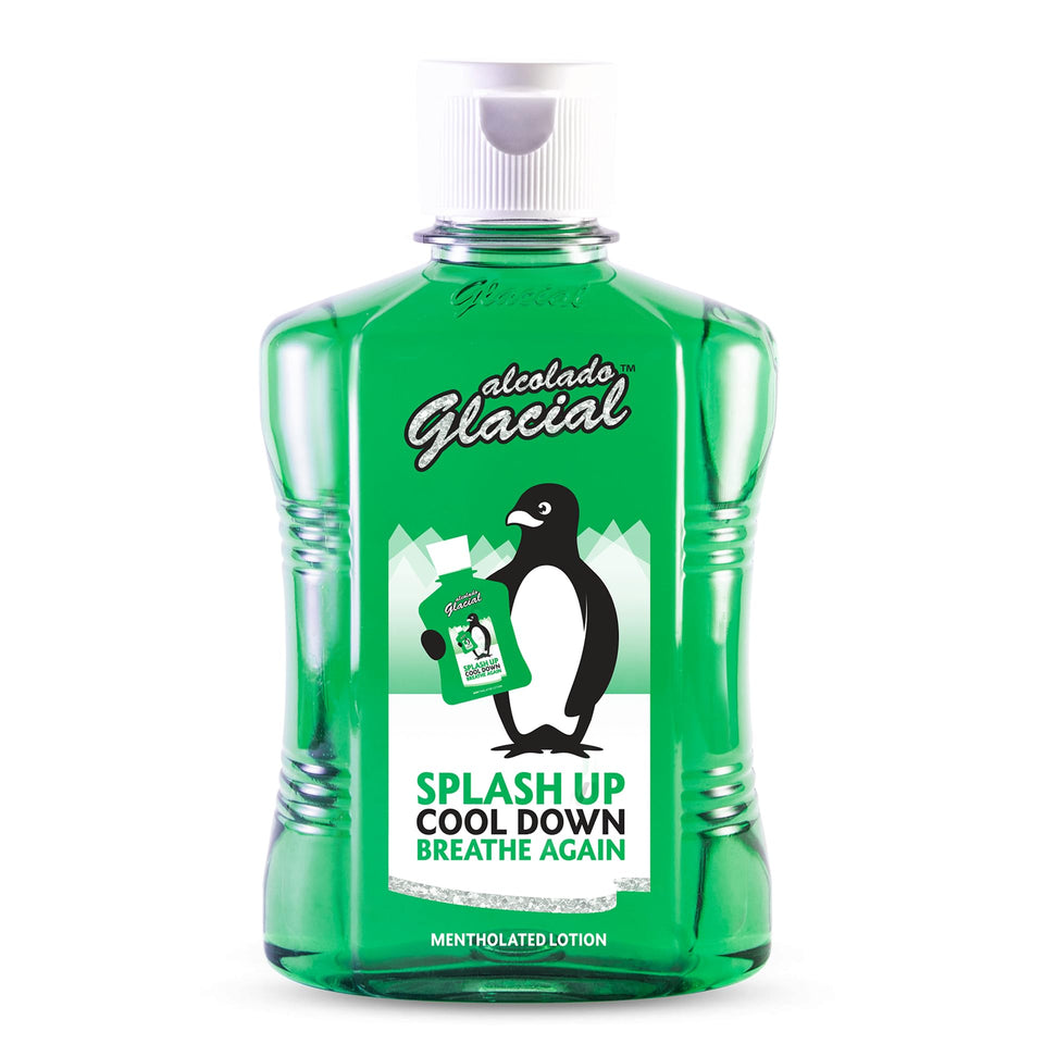 Alcolado Glacial front packaging showing 16oz bottle and cooling mint benefit