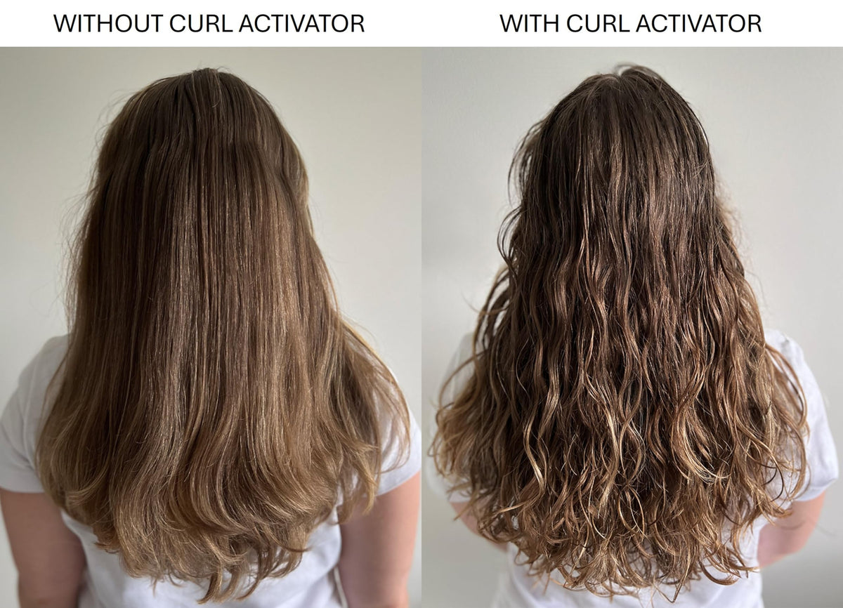 Alcove before and after curls showing improved definition and shine