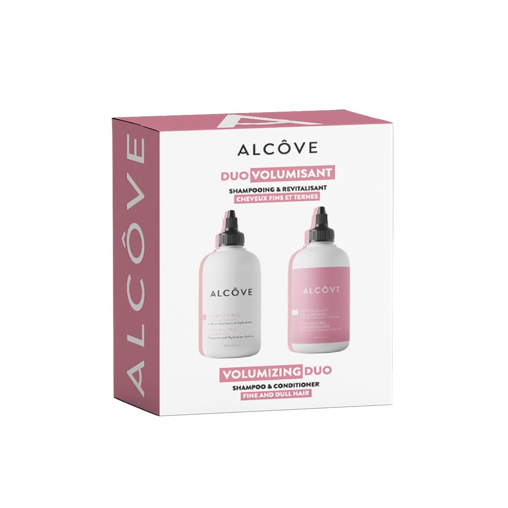 Alcôve duo front packaging shows bottles and benefits for lightweight volume