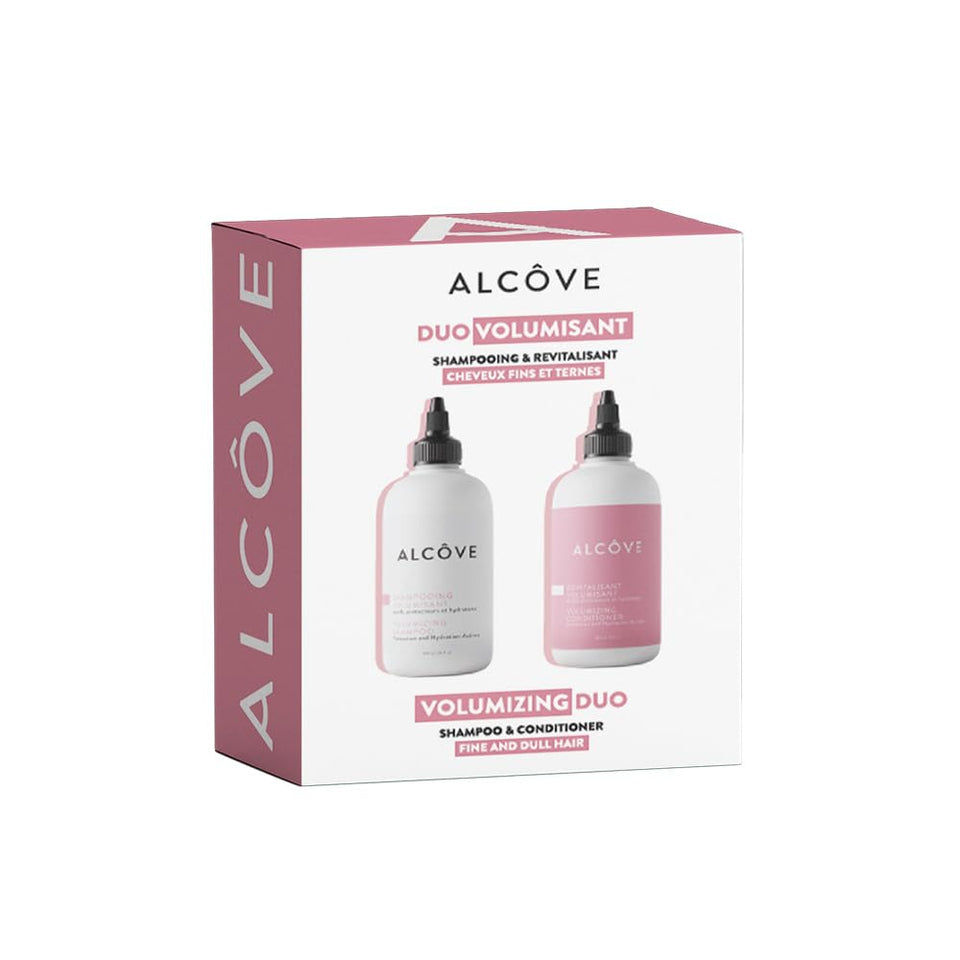 Alcôve duo front packaging shows bottles and benefits for lightweight volume