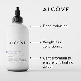 Alcôve shampoo bottle close-up of label and ingredient highlights