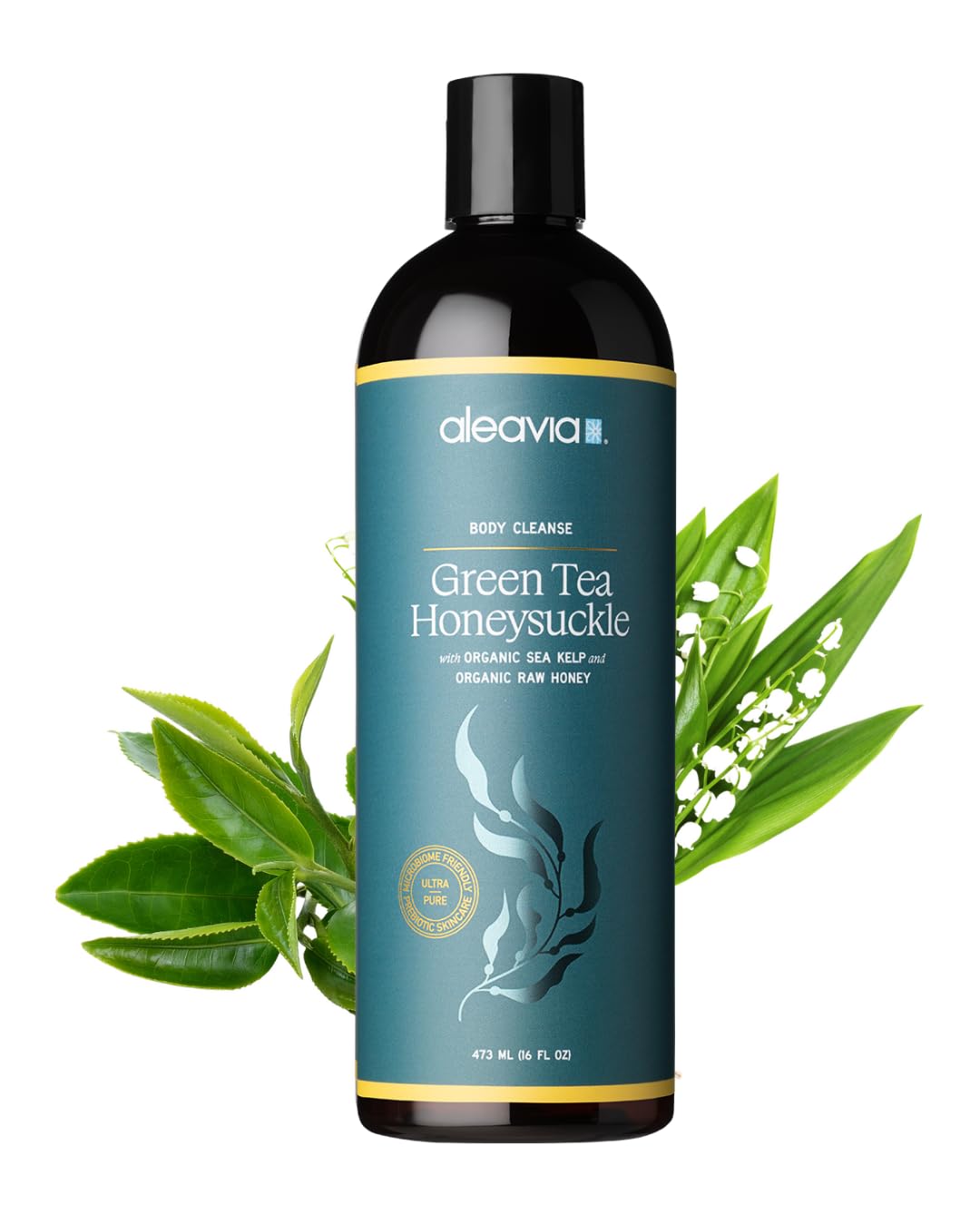 Aleavia front bottle showing label and green tea honeysuckle scent for clear product view