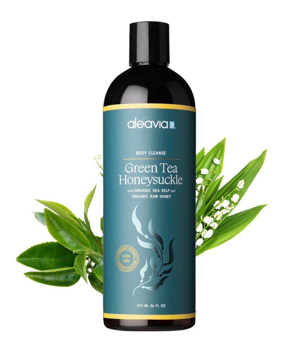 Aleavia front bottle showing label and green tea honeysuckle scent for clear product view