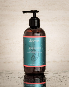 Aleavia bottle on bathroom counter suggesting daily skincare ritual