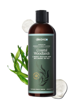 Aleavia front bottle showing label and woodsy scent benefits
