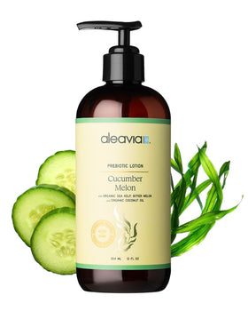 Aleavia front bottle view showing cucumber melon lotion and gentle scent benefits