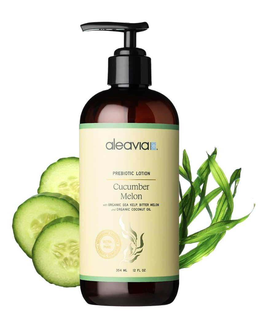 Aleavia front bottle view showing cucumber melon lotion and gentle scent benefits