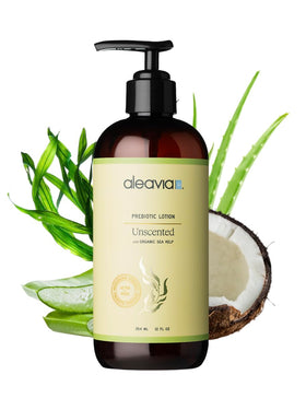Aleavia front packaging showing fragrance-free prebiotic lotion and gentle formula