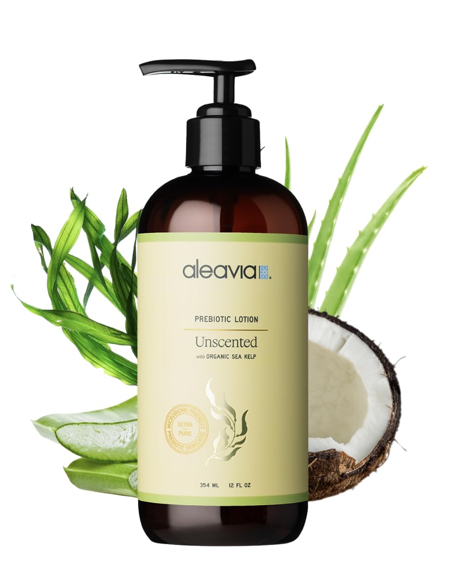 Aleavia front packaging showing fragrance-free prebiotic lotion and gentle formula