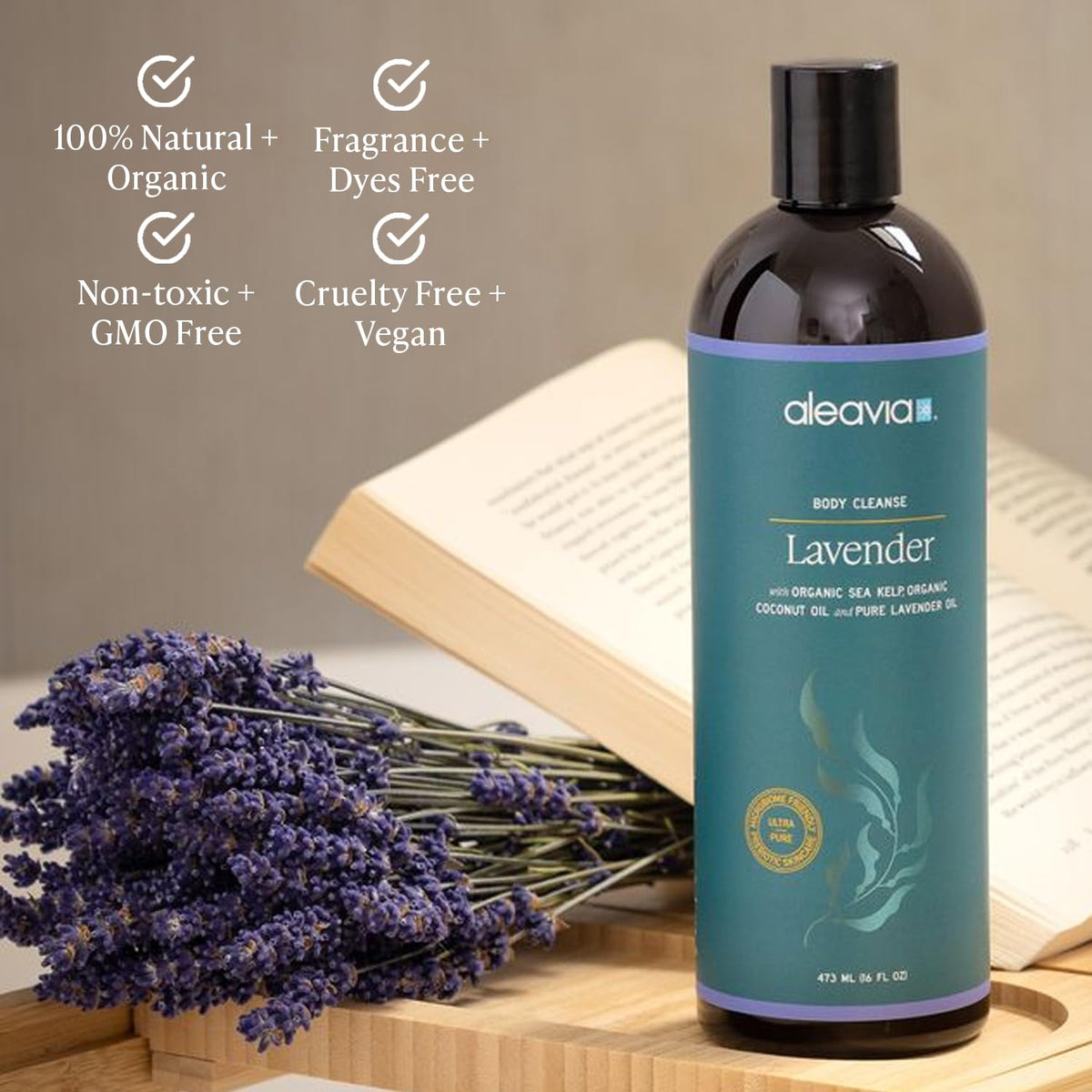 Aleavia bottle staged beside bathtub for a relaxing aroma benefit