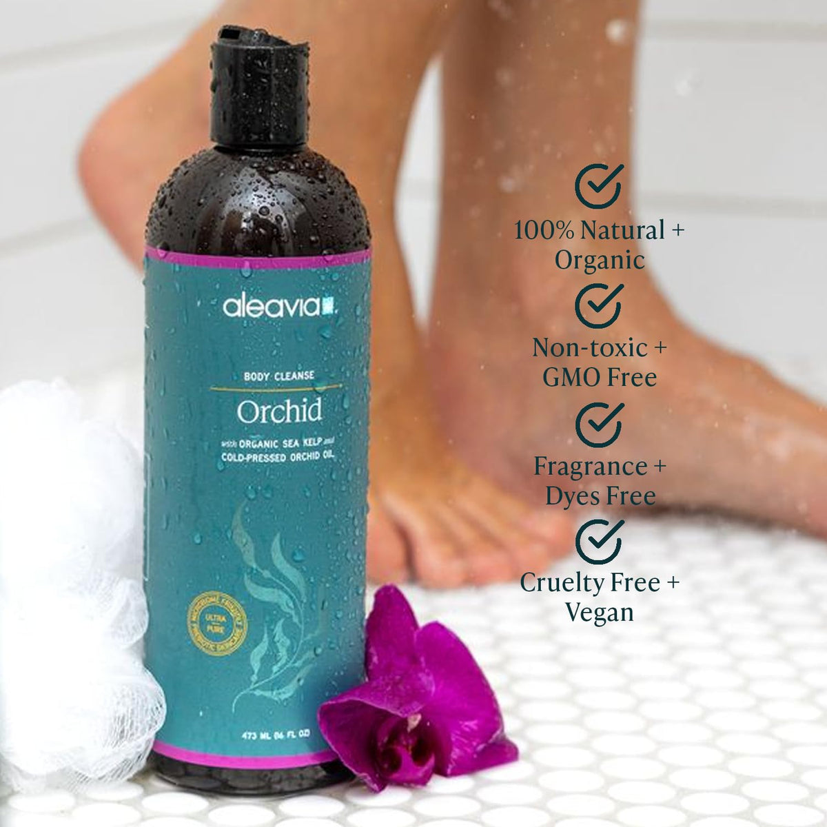 Close-up of orchid oil droplets highlighting Aleavia ingredient richness and soothing minerals