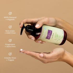 Aleavia pouring lotion into hand demonstrating easy application and hydration