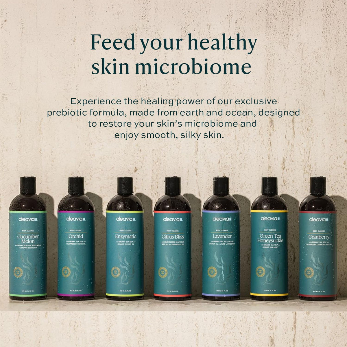 Lifestyle shower scene with Aleavia cleanser portraying calming orchid aroma and relaxation