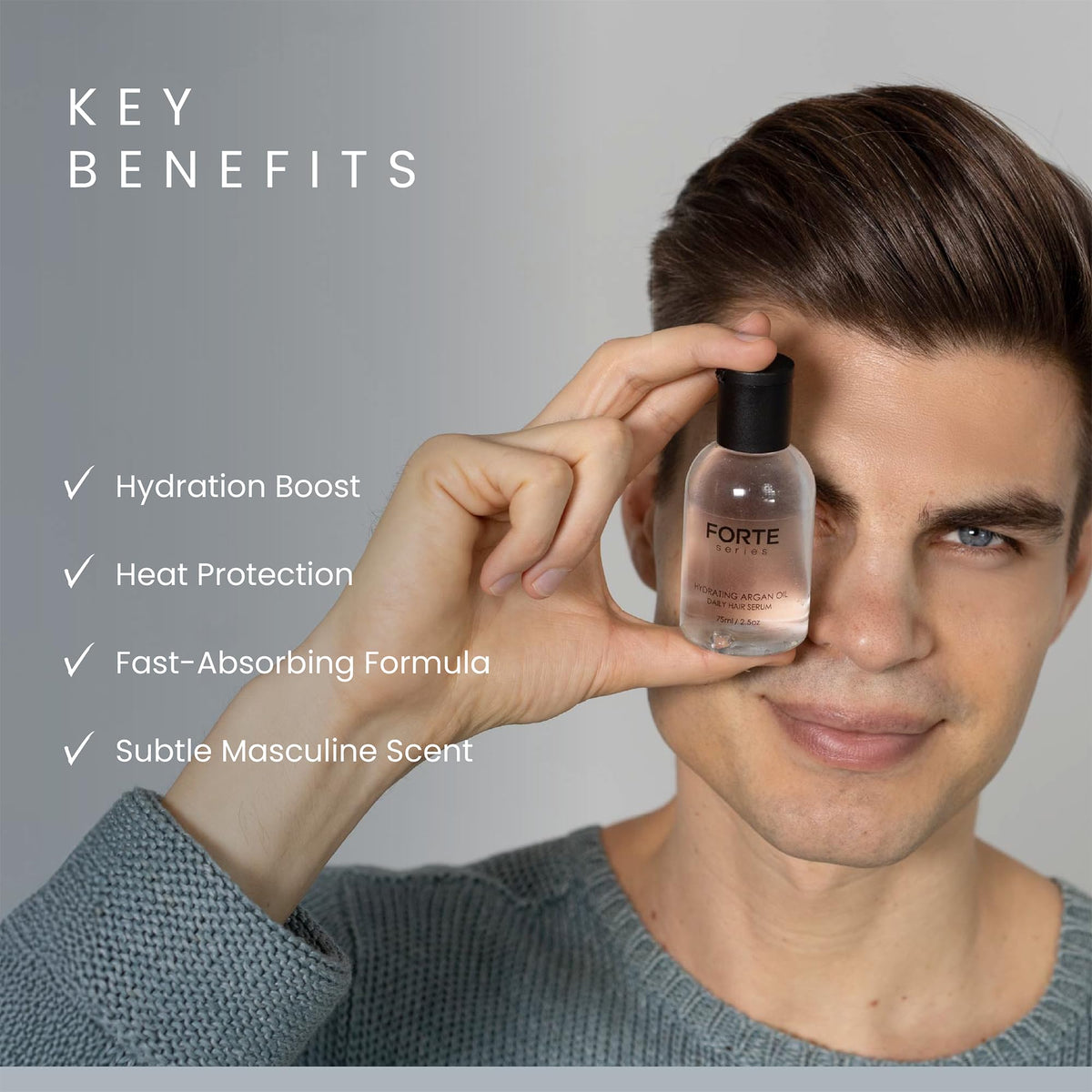 Alex Costa bottle next to ruler to show 75 ml size for travel-friendly grooming