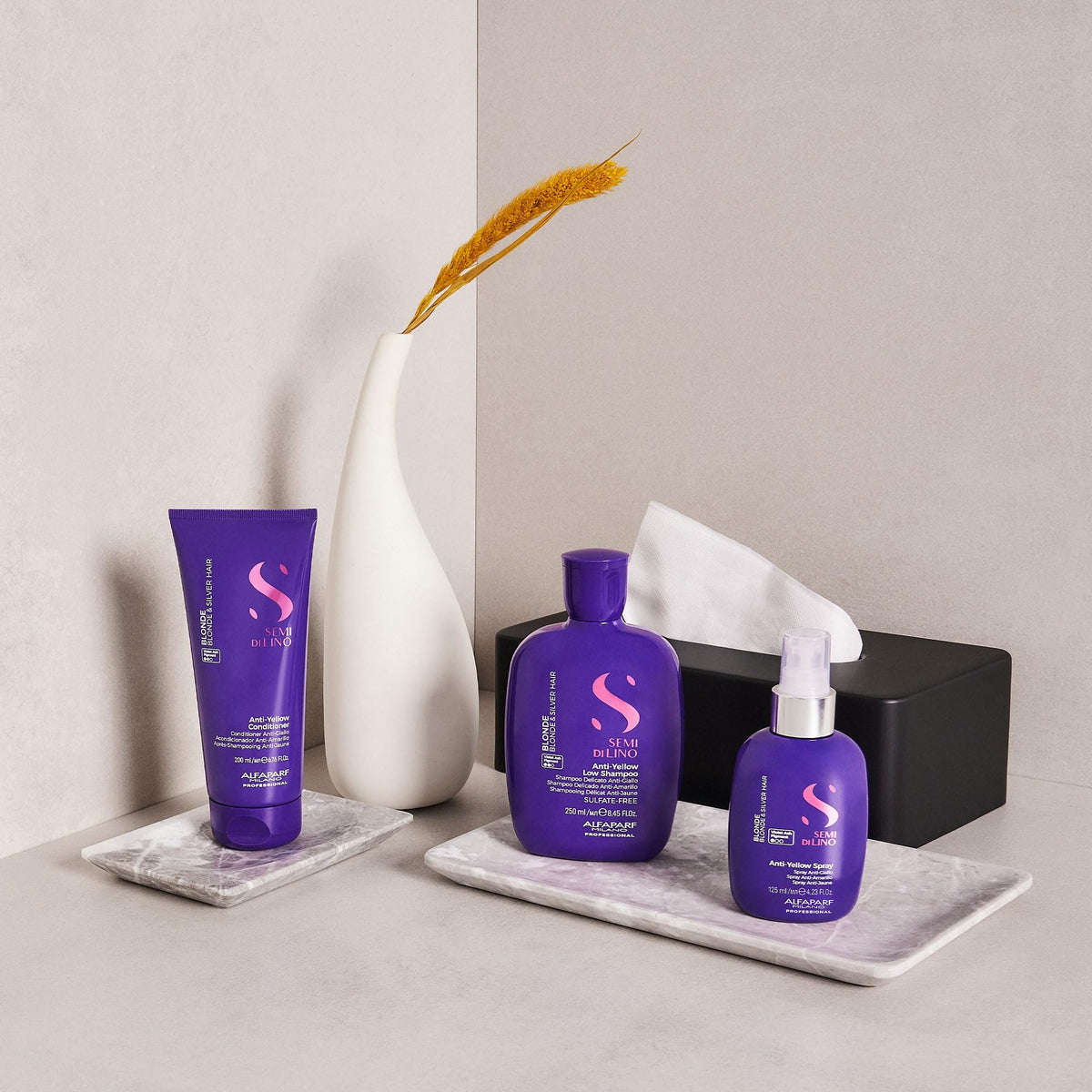 ALFAPARF MILANO on bathroom shelf styled lifestyle shot showing daily salon-fresh benefit
