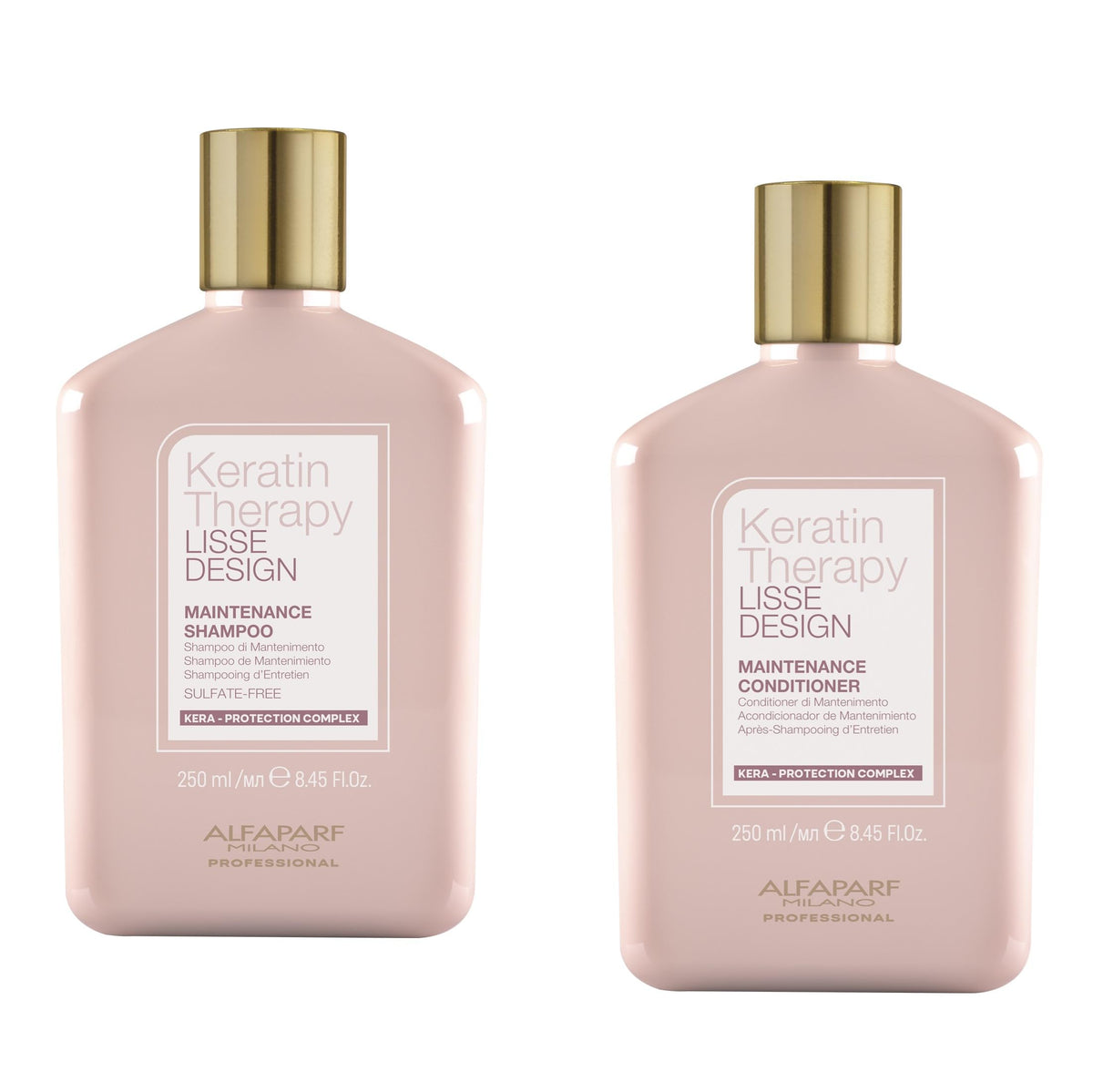 Alfaparf Milano front packaging shows the keratin shampoo and conditioner benefits