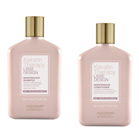 Alfaparf Milano front packaging shows the keratin shampoo and conditioner benefits
