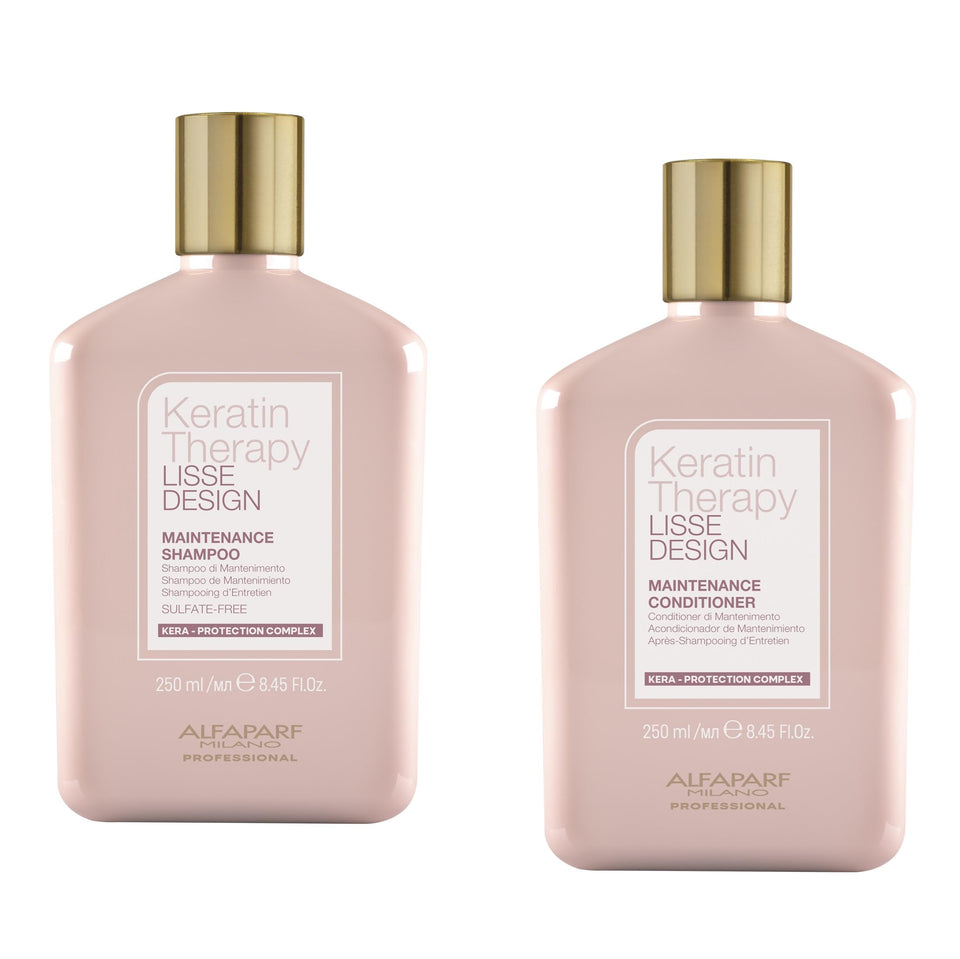 Alfaparf Milano front packaging shows the keratin shampoo and conditioner benefits