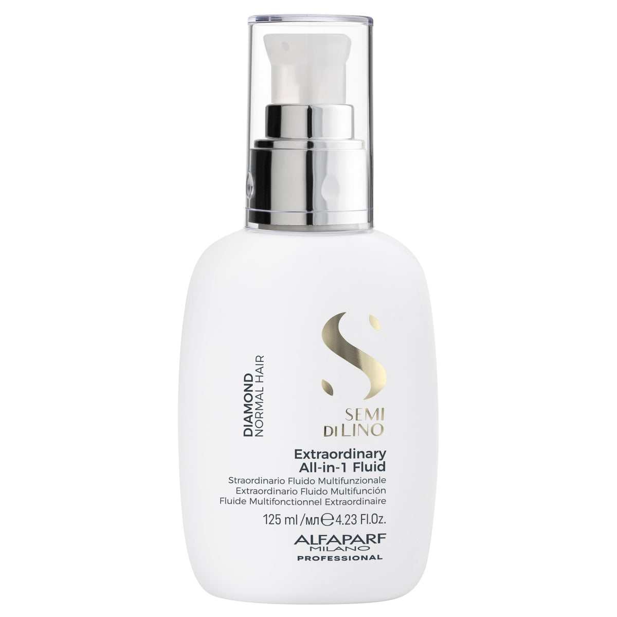 ALFAPARF MILANO front packaging of Semi di Lino all-in-one showing product benefits and shine