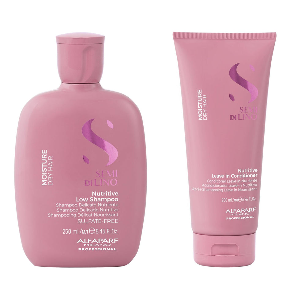 ALFAPARF MILANO front packaging of shampoo and conditioner shows professional set benefit