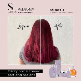 Alfaparf Milano on bathroom vanity suggesting daily styling routine benefit