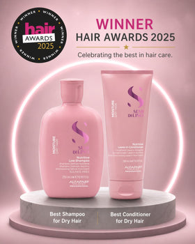 ALFAPARF MILANO set displayed on bathroom shelf conveying everyday salon care