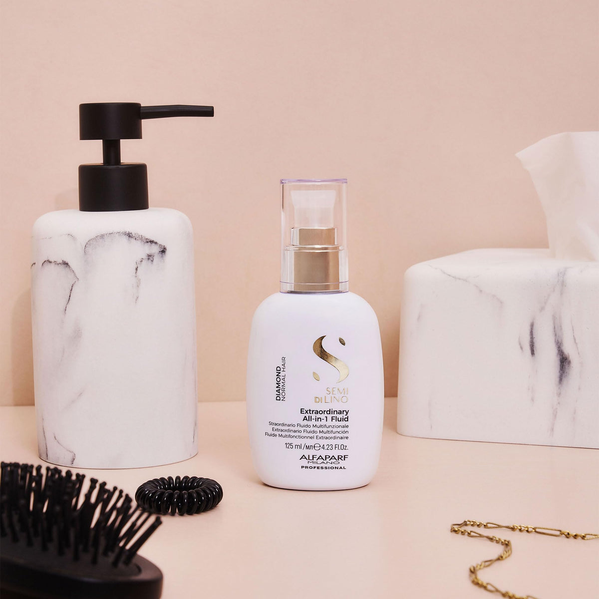 ALFAPARF MILANO spray in use on long hair demonstrating detangling and heat protection benefits