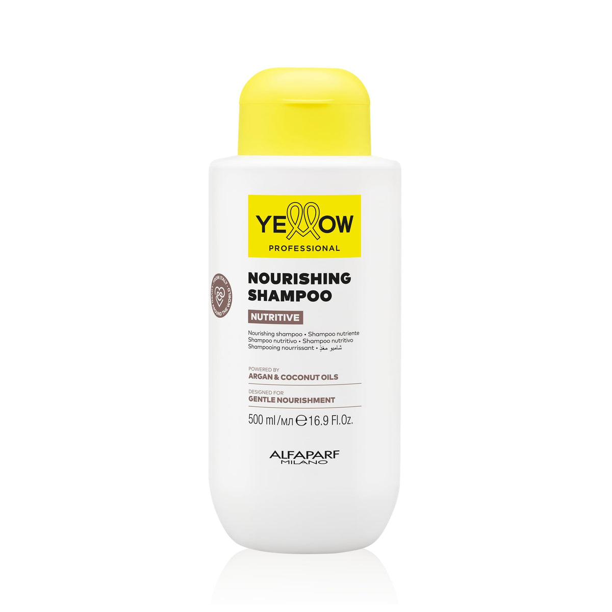 ALFAPARF MILANO front bottle view showing yellow shampoo for nourishing dry hair